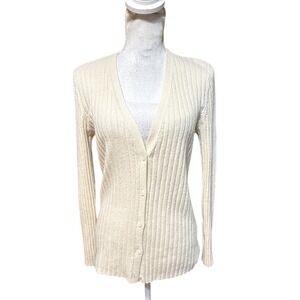 Lafayette 148 New York  100% Cashmere  Ribbed Cardigan Sweater Ivory Sz. Small